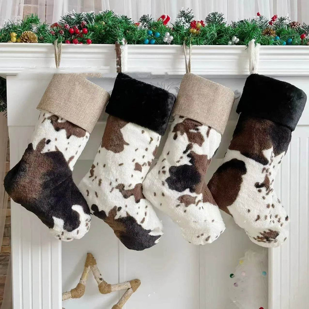 20-inch Plush Christmas Stockings Cows Pattern Gift Bag - EX-STOCK Canada