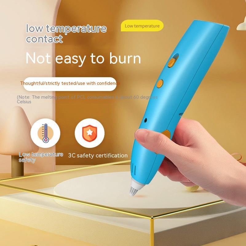 A hand holds a bright blue PCL low-temperature contact paper marker pen over a gold-framed glass dish, with marketing text and icons about low temperature contact, not easy to burn, and 3C safety certification.