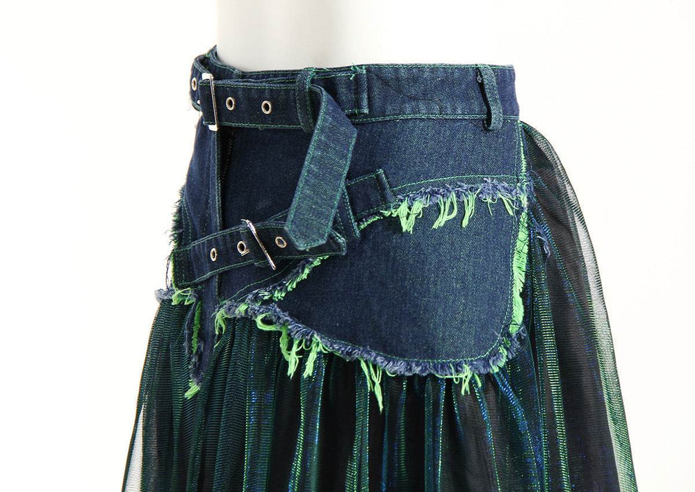 Street Fashion High Waist A-line Denim Mesh Midi Skirt - EX-STOCK Canada
