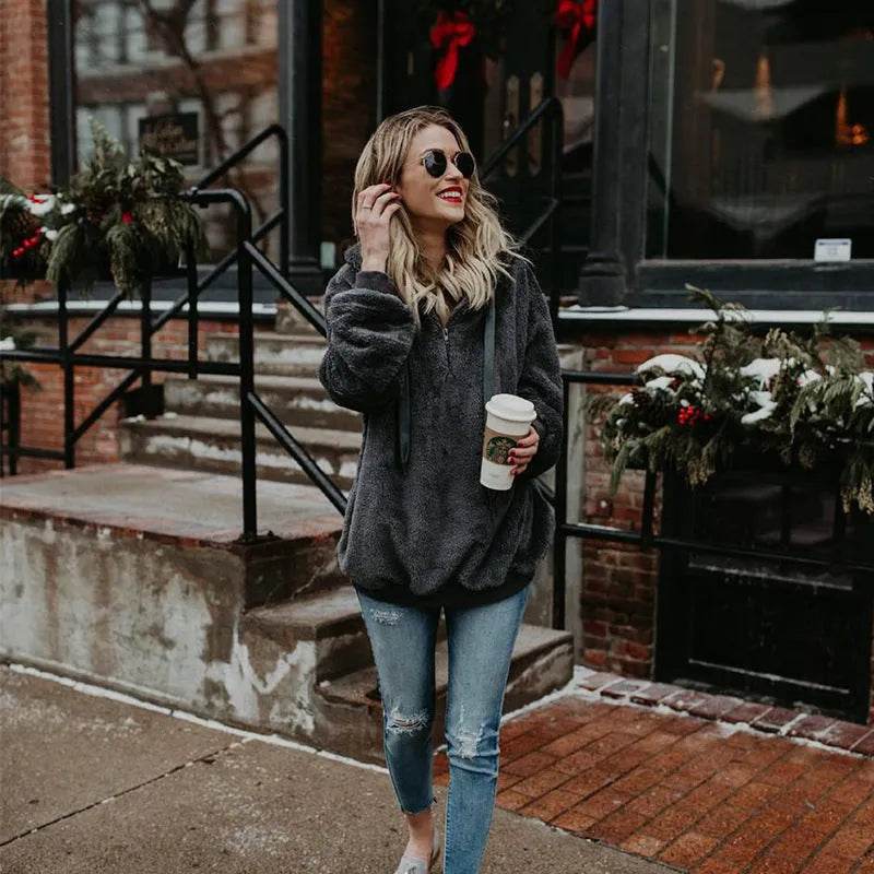 Women's Polerones Fleece Hoodie Pullover fall Winter Zipper Pocket Sweatshirt - EX-STOCK Canada