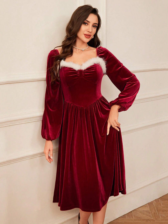 Women's Vintage Christmas Party Long Sleeve Red Velvet Dress Square Collar Dress Elegant Slimming Waist Autumn Women's Clothing EX-STOCK Canada