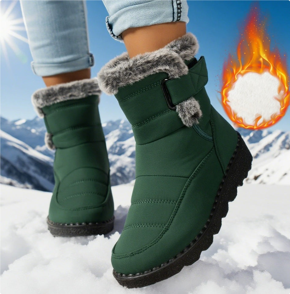 Green winter boots with fur trim worn in the snow, with a fiery graphic in the corner.