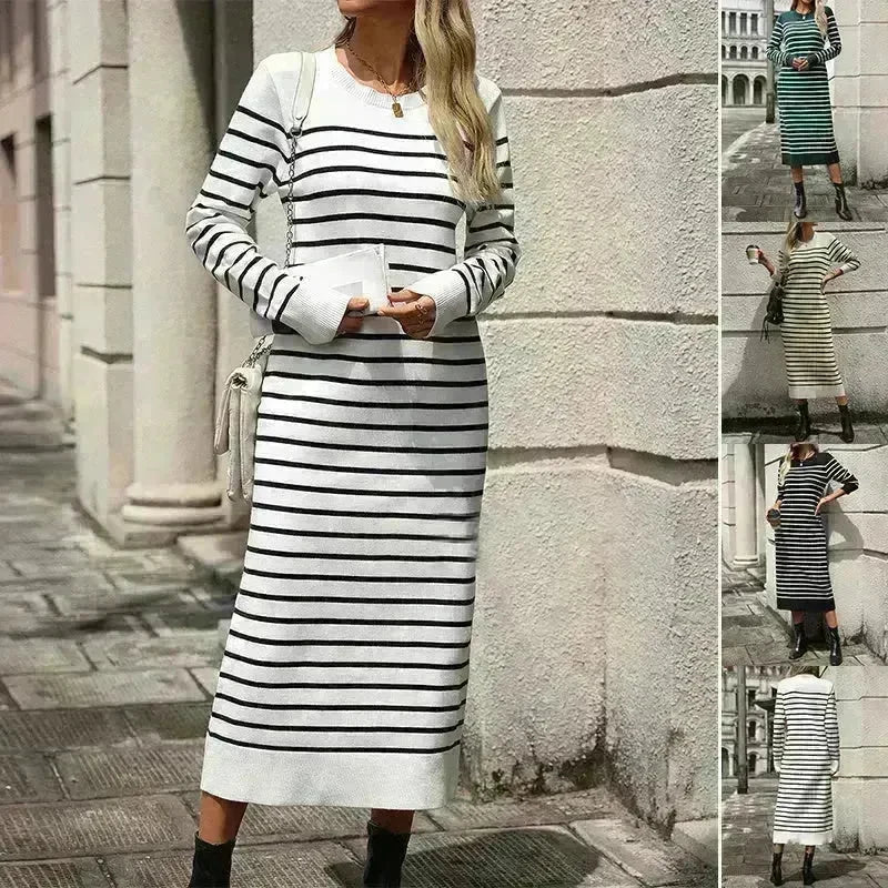 Slim Striped Printed Long Cashmere Dress Autumn And Winter Long Sleeve Dresses For Women - EX-STOCK CANADA