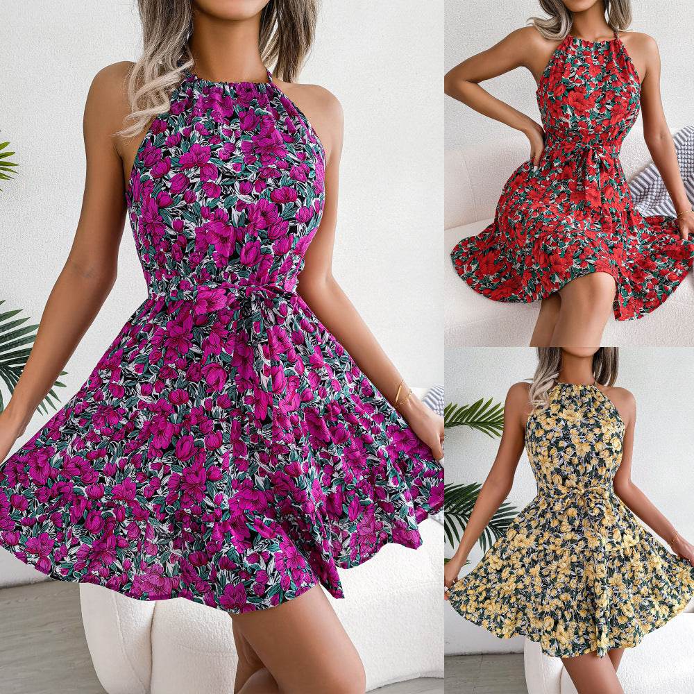 Casual Spring Summer Tie Belt Halter neck Swing Floral mini dress - EX-STOCK Canada
