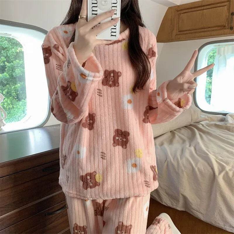 2pcs Women's Fall Winter Warm Pajamas Sets Coral Long Sleeve Cute Cartoon Bear Sleepwear Nightclothes - EX-STOCK Canada