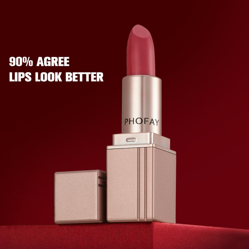 Pink lipstick with silver casing on a red background, featuring the brand 'PHOFAY'.