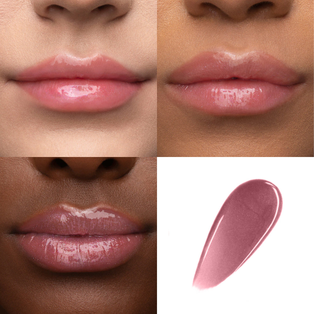 Lipstick shade swatch on lips with a close-up of the color.