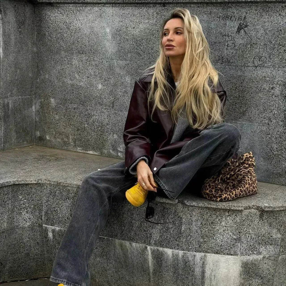 Fashioned Oversized zipper Lapel Leather coat jacket for women - EX-STOCK Canada