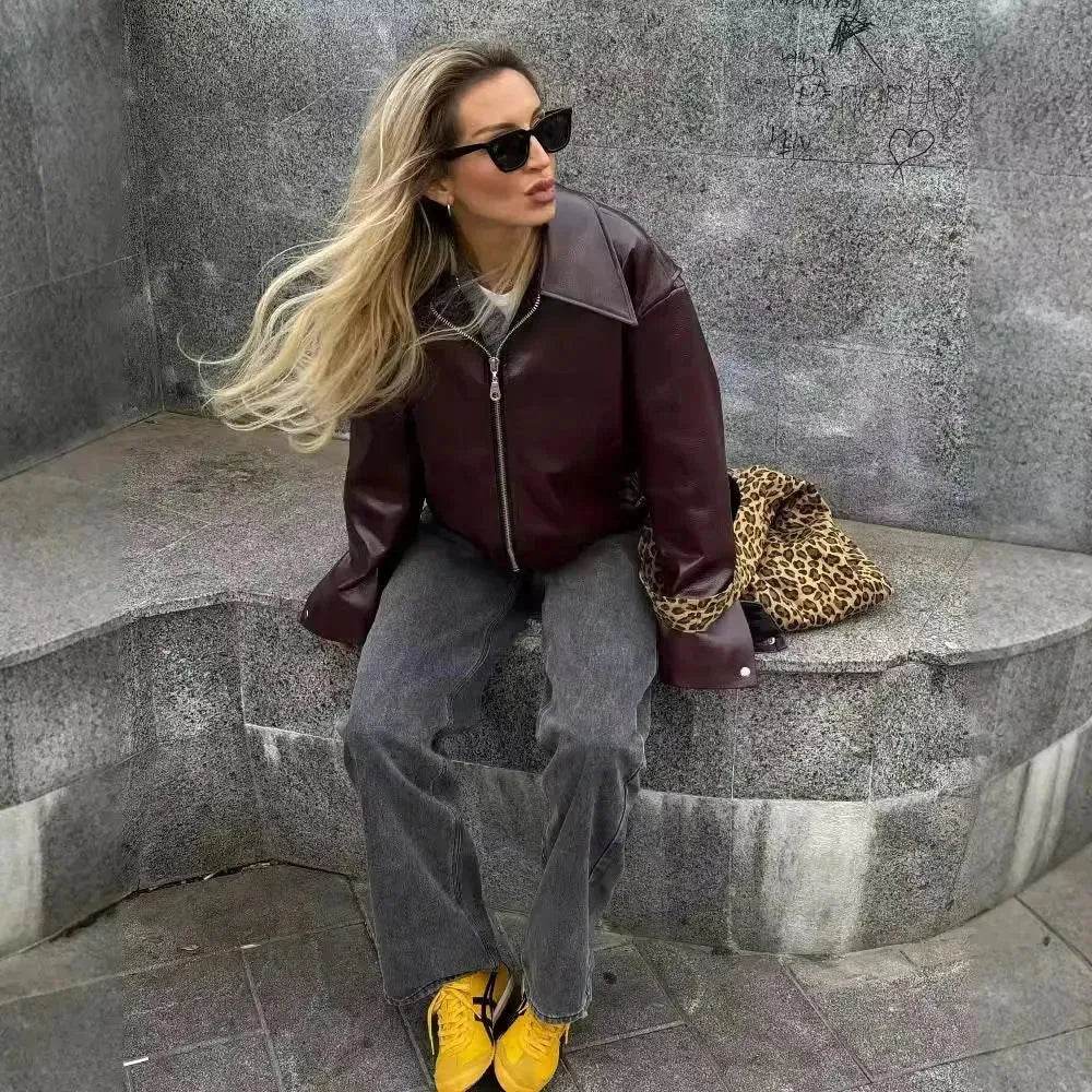 Fashioned Oversized zipper Lapel Leather coat jacket for women - EX-STOCK Canada