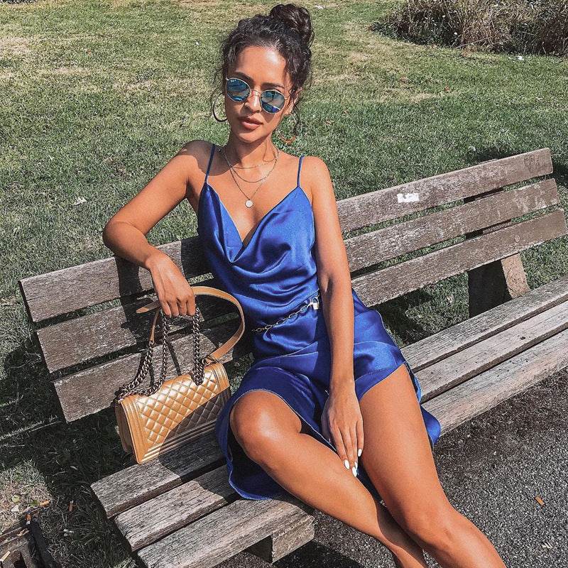 Women's Satin Drape Cowl Neck Sleeveless summer dress Strappy Cami Split Slit Party Midi Dress - EX-STOCK Canada