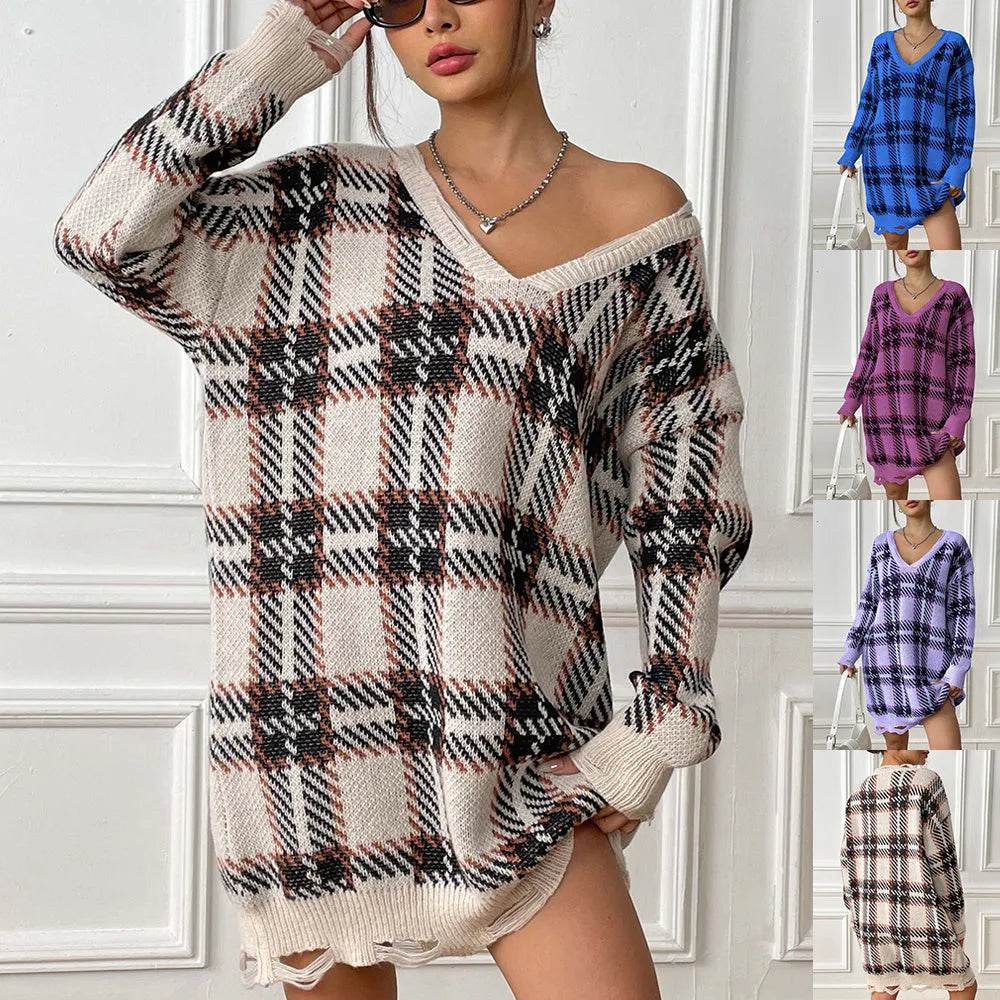 Deer Plush V-neck Long Sleeve Plaid Winter Jumper Mini dress - EX-STOCK Canada