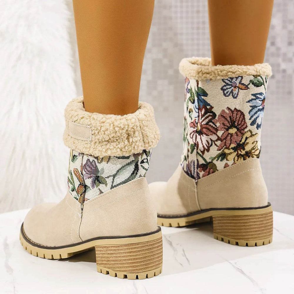 Flowers Embroidered Snow Boots Ethnic Style Platform Thick Square Heel Mid-tube Boot Winter Warm Cotton Shoes For Women - EX-STOCK Canada