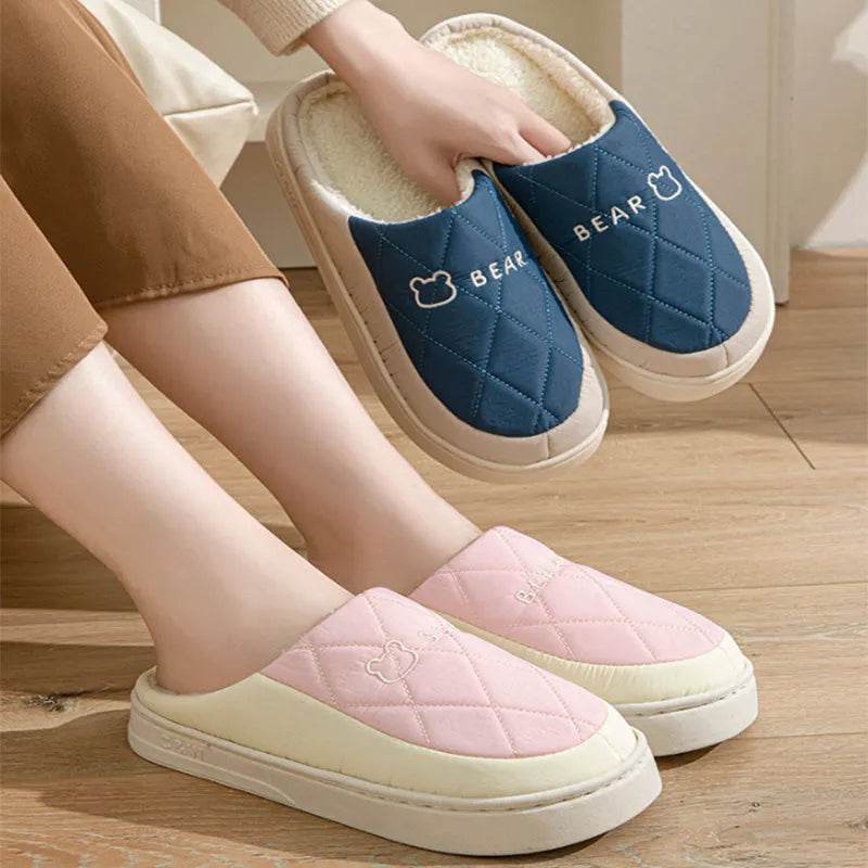 Rhombic Sewing Plush Slippers For Men Winter Warm Non-slip House Shoes Women's Bedroom Floor Home Slipper Couple - EX-STOCK Canada