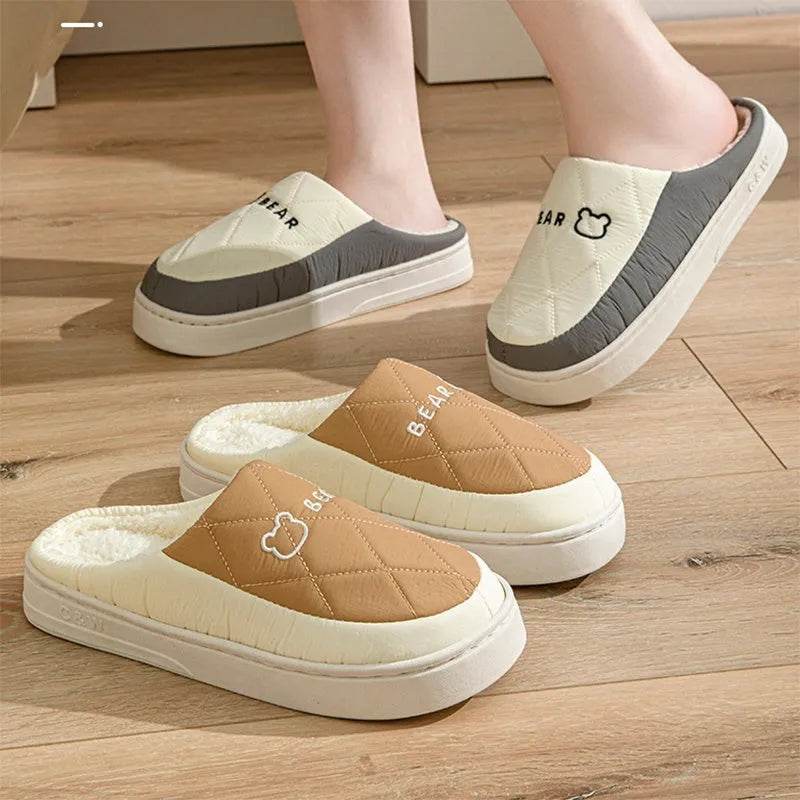 Rhombic Sewing Plush Slippers For Men Winter Warm Non-slip House Shoes Women's Bedroom Floor Home Slipper Couple - EX-STOCK Canada