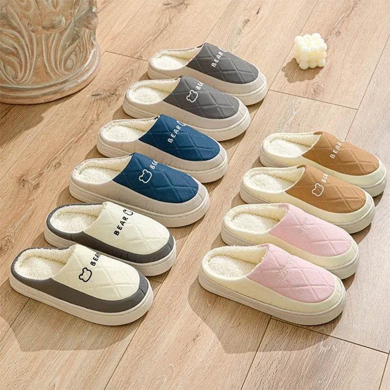 Rhombic Sewing Plush Slippers For Men Winter Warm Non-slip House Shoes Women's Bedroom Floor Home Slipper Couple - EX-STOCK Canada