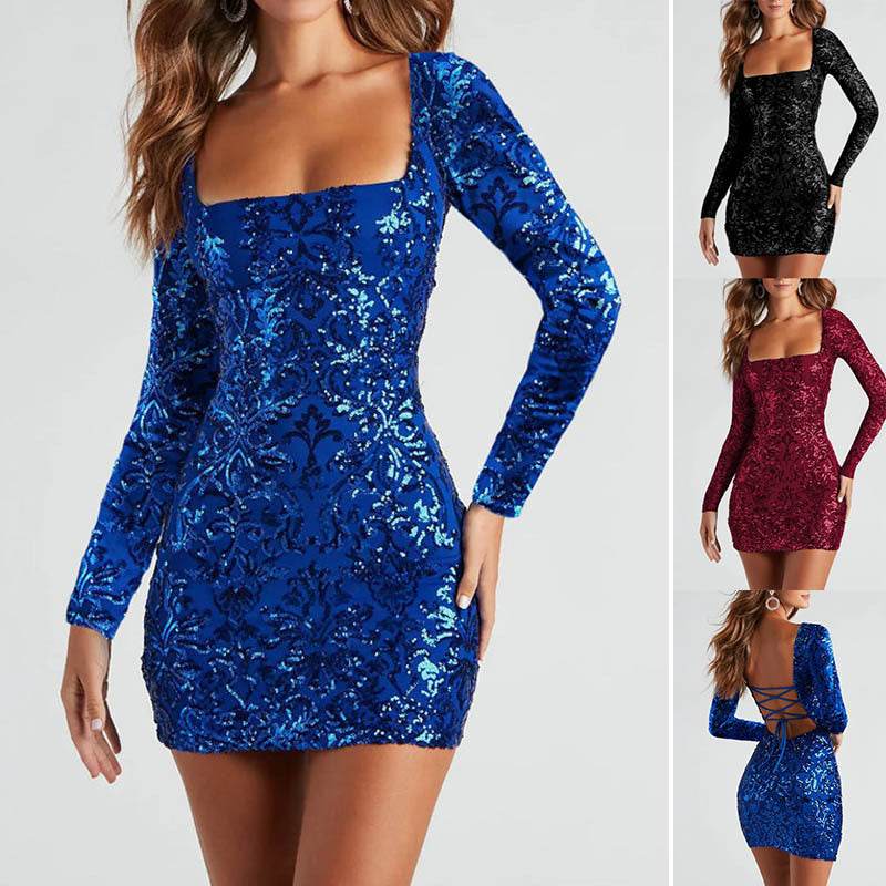 Sexy Backless Sequins Dress Fashion Slim Square Neck Long Sleeves Dresses Women Clothing - EX-STOCK Canada