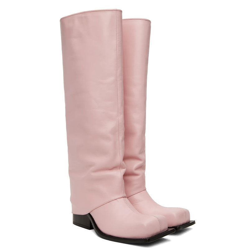 Pair of pink knee-high boots on a white background