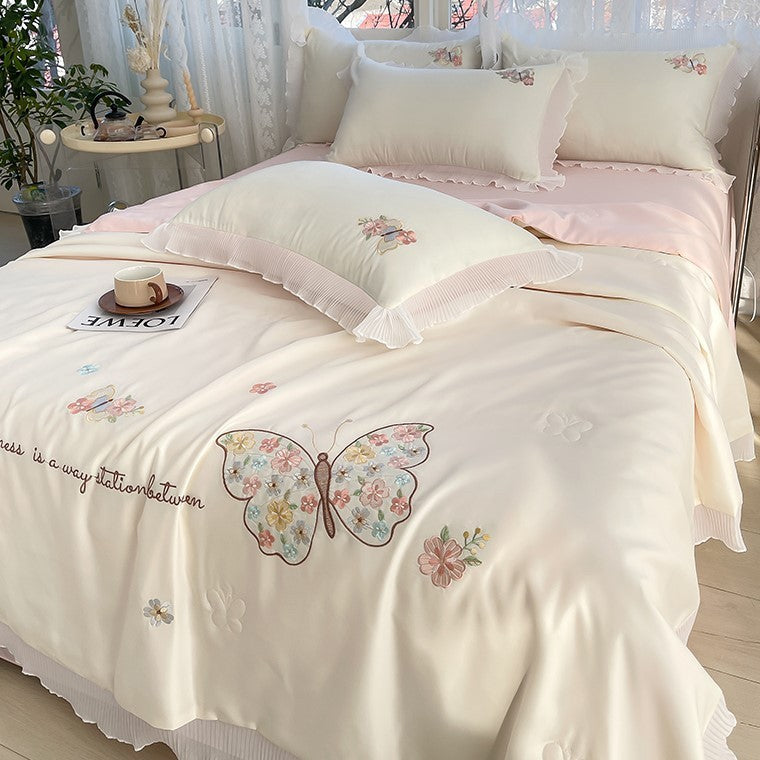 Korean Ice Silk Summer Quilt Four-piece Set Embroidery Lace Air Conditioning Cool Feeling Thin Duvet EX-STOCK Canada