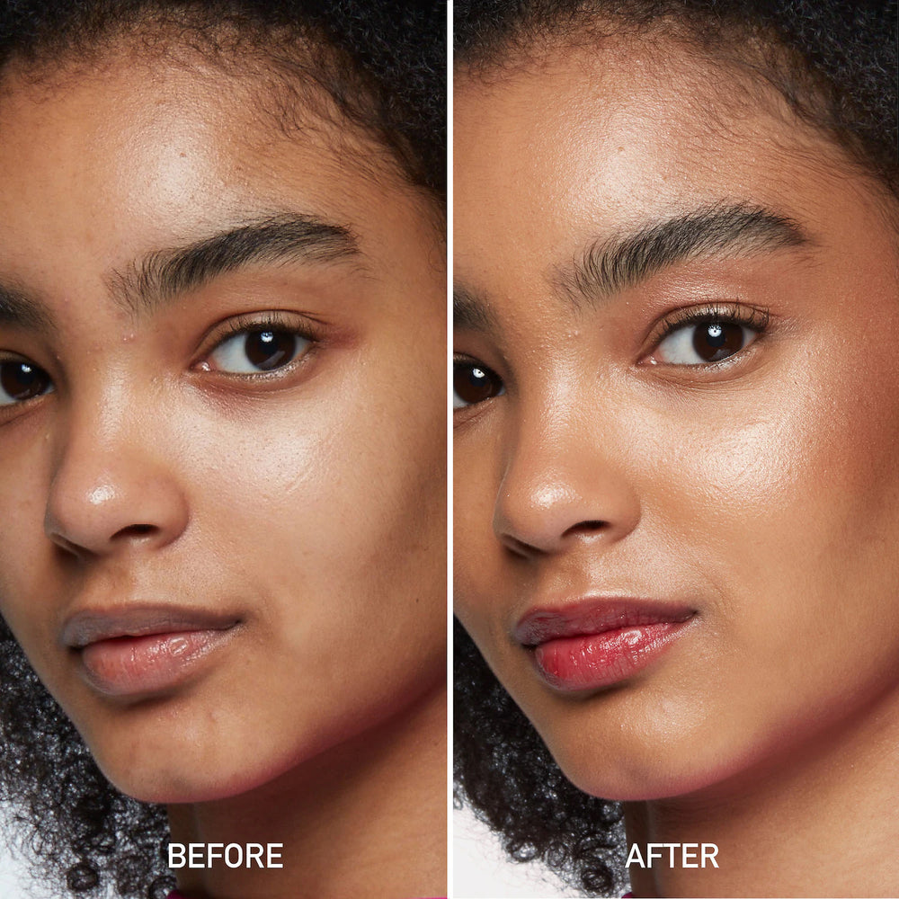 Before and after comparison of a woman's face with makeup application.