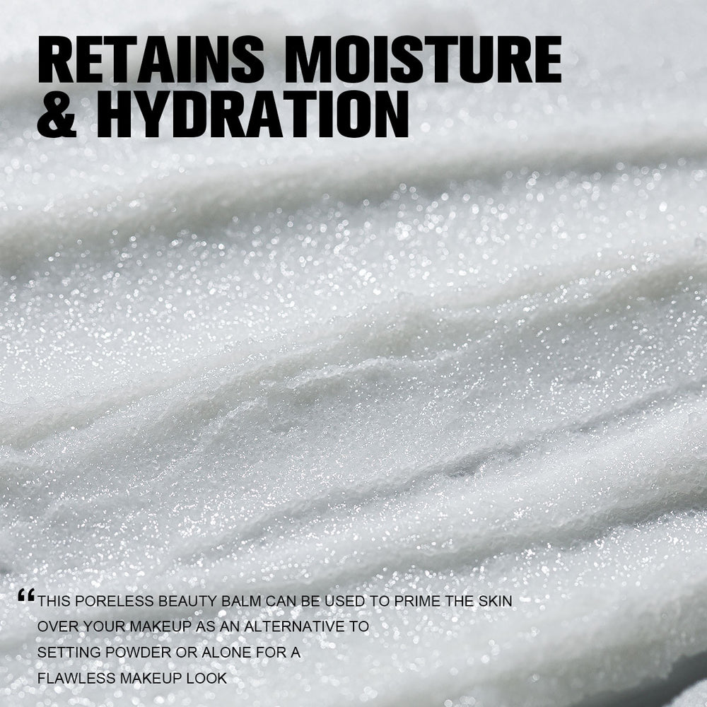 Text on a close-up of a white, creamy substance with 'Retains Moisture & Hydration' text.