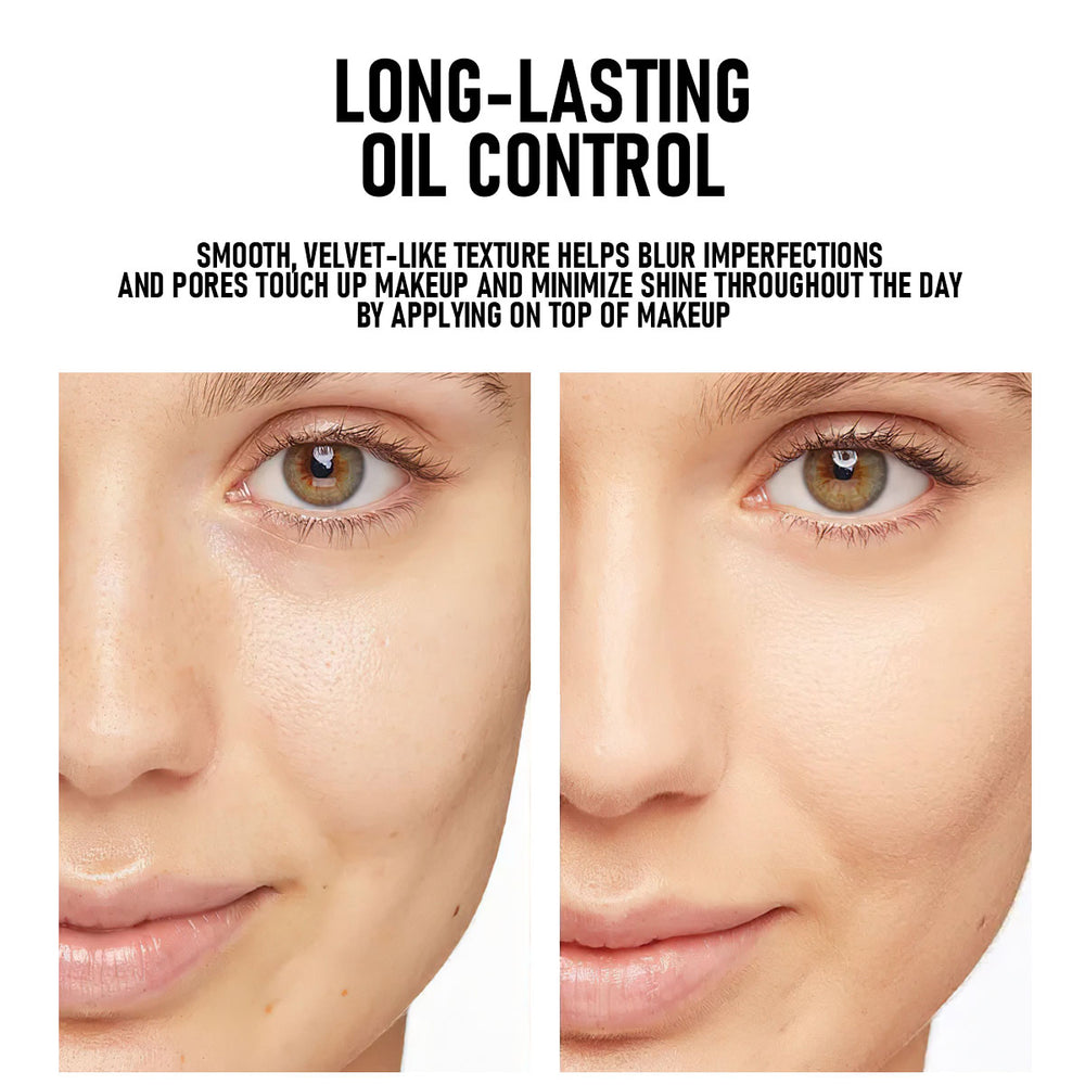 Before and after comparison of a woman's face with text about long-lasting oil control.