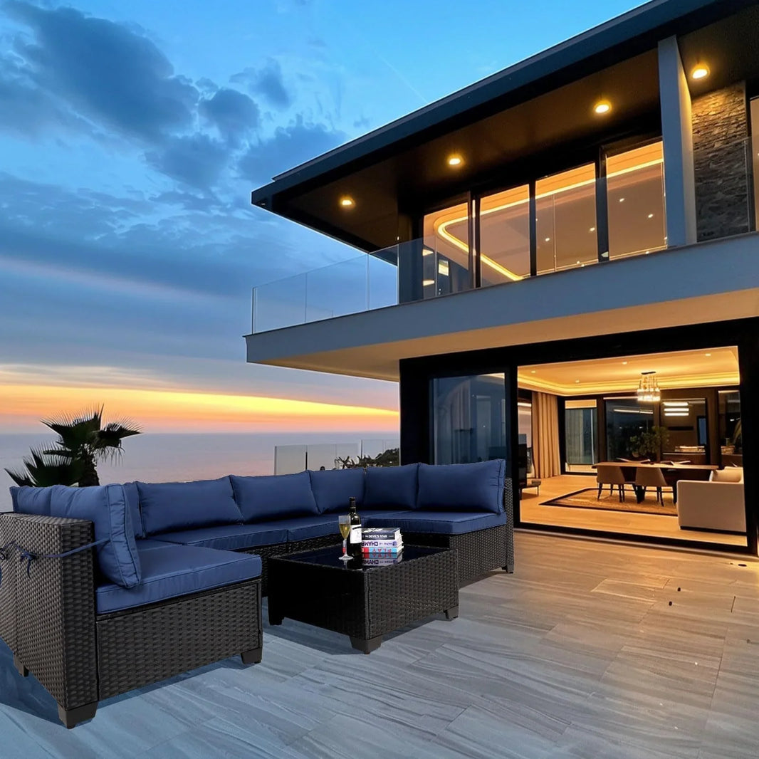 7 Pieces Outdoor Rattan Patio Sectional Set, Black Wicker Furniture Conversation Sets With Washable Cushions & Glass Coffee Table For Garden, Poolside, Backyard EX-STOCK Canada