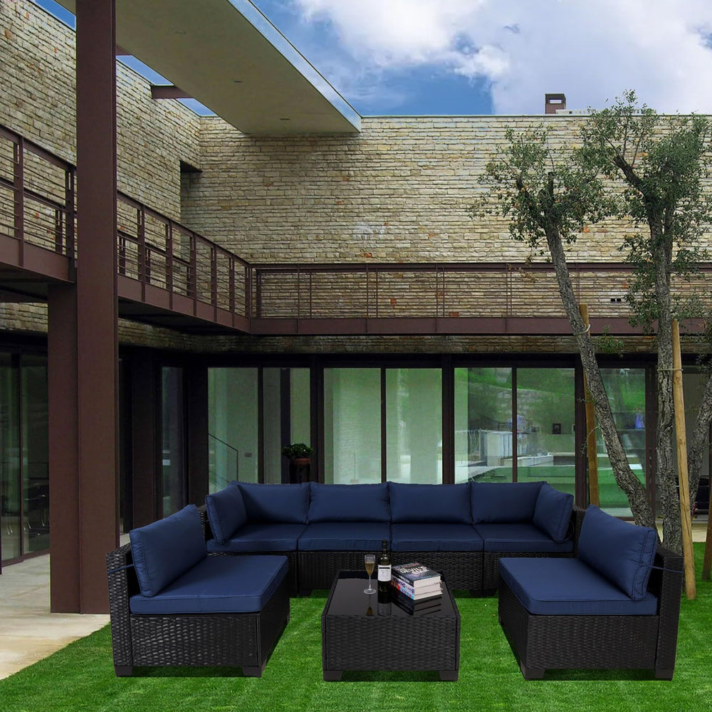 7 Pieces Outdoor Rattan Patio Sectional Set, Black Wicker Furniture Conversation Sets With Washable Cushions & Glass Coffee Table For Garden, Poolside, Backyard EX-STOCK Canada