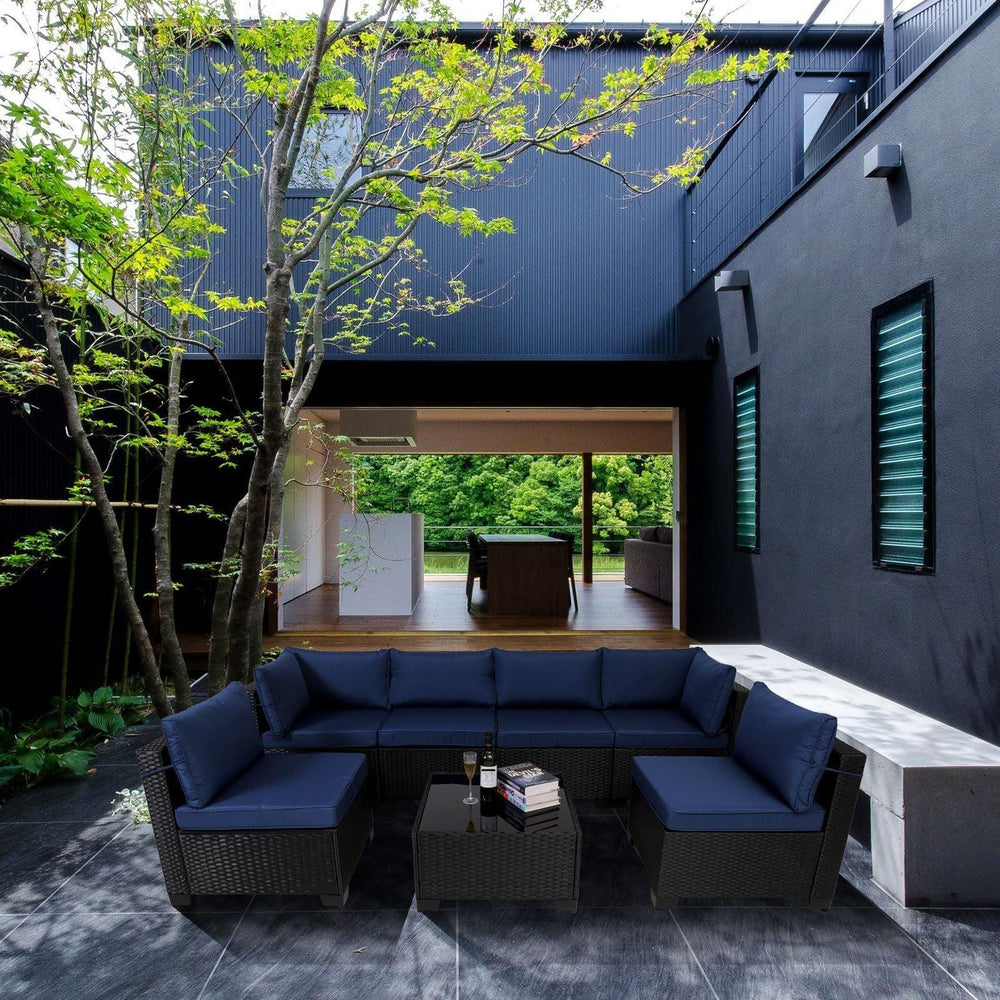 Ensemble de salon de jardin modulable en rotin 7 pièces, mobilier en osier noir avec coussins lavables et table basse en verre pour jardin, piscine, arrière-courEX-STOCK Canada