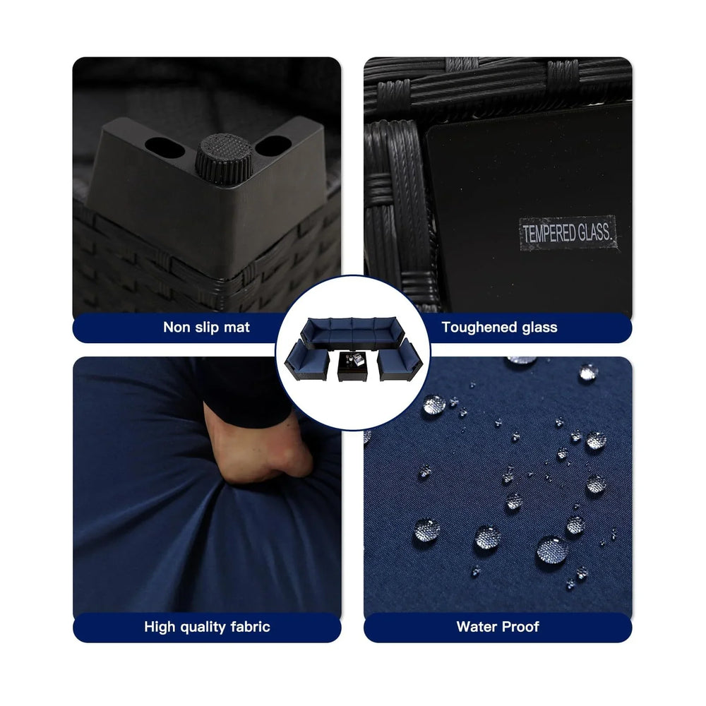 Ensemble de salon de jardin modulable en rotin 7 pièces, mobilier en osier noir avec coussins lavables et table basse en verre pour jardin, piscine, arrière-courEX-STOCK Canada