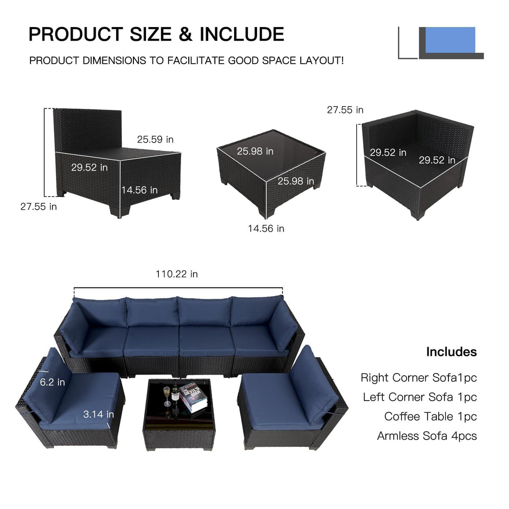 7 Pieces Outdoor Rattan Patio Sectional Set, Black Wicker Furniture Conversation Sets With Washable Cushions & Glass Coffee Table For Garden, Poolside, Backyard EX-STOCK Canada