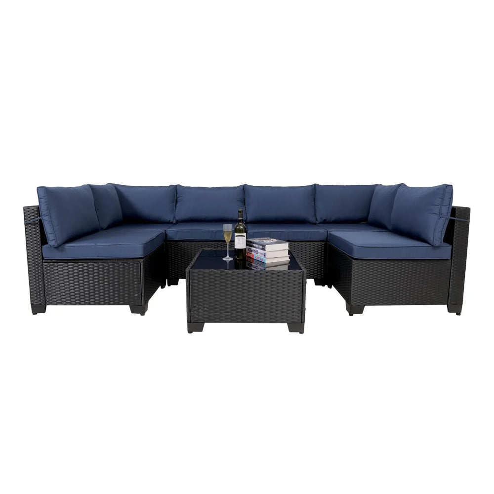Ensemble de salon de jardin modulable en rotin 7 pièces, mobilier en osier noir avec coussins lavables et table basse en verre pour jardin, piscine, arrière-courEX-STOCK Canada