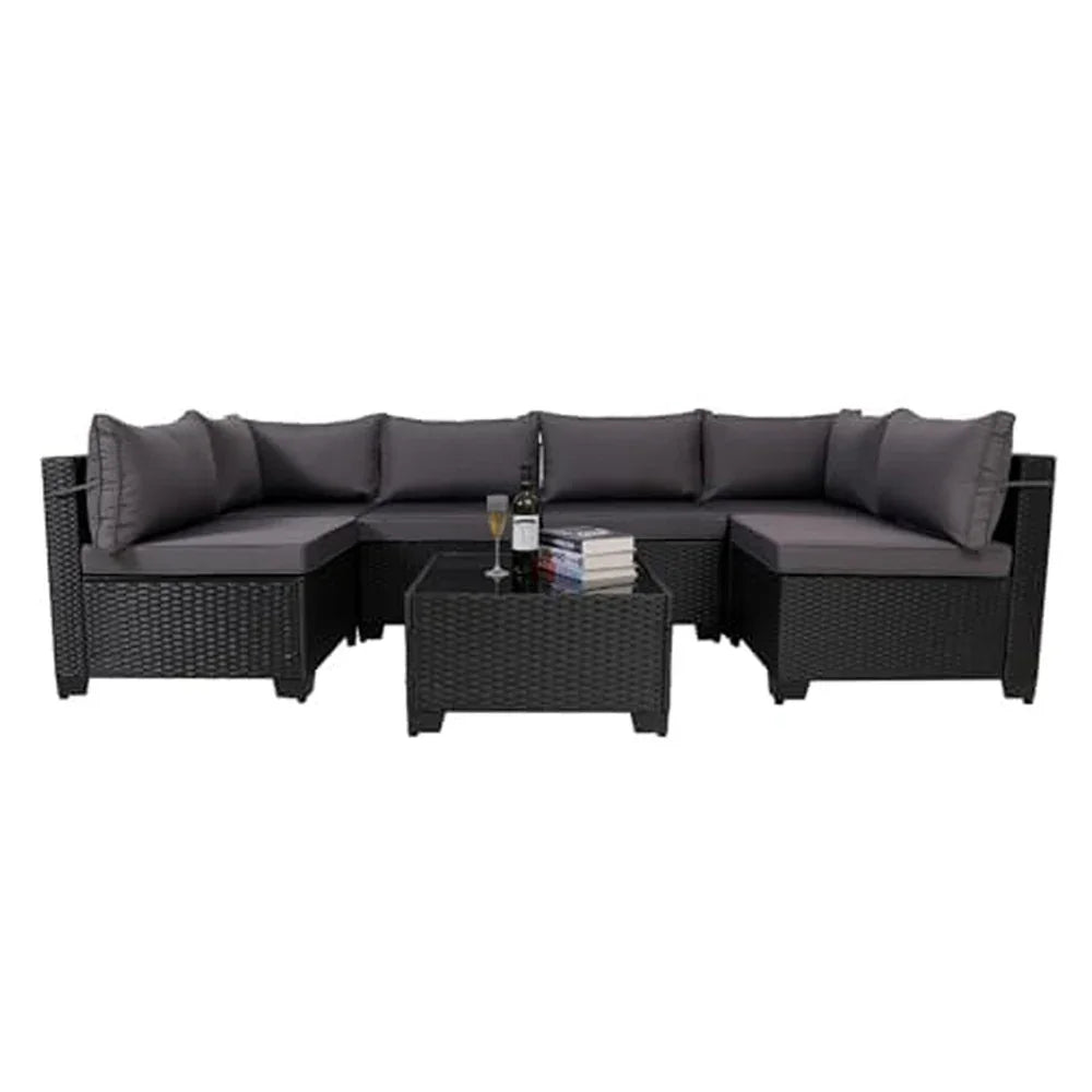 Ensemble de salon de jardin modulable en rotin 7 pièces, mobilier en osier noir avec coussins lavables et table basse en verre pour jardin, piscine, arrière-courEX-STOCK Canada