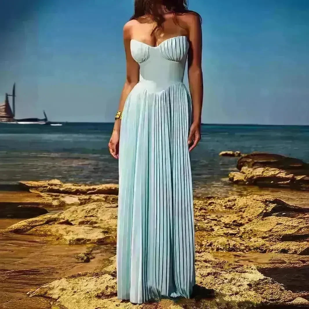 Luxury Blue Strapless Slimming Pleated Long Dress Elegant Tube Dress for Wedding Cocktail Evening Party Events. - EX-STOCK CANADA