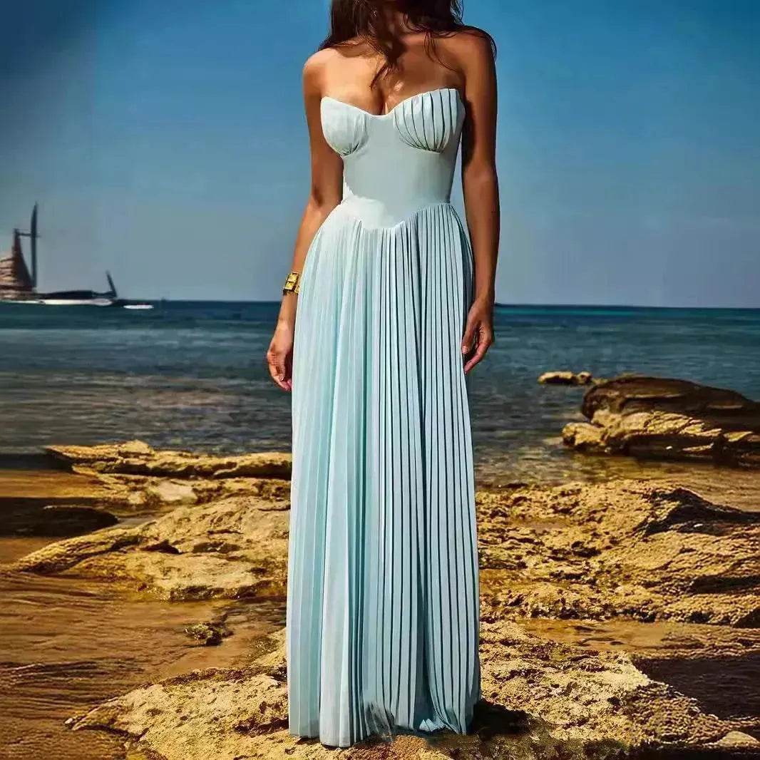 Luxury Blue Strapless Slimming Pleated Long Dress Elegant Tube Dress for Wedding Cocktail Evening Party Events. - EX-STOCK Canada