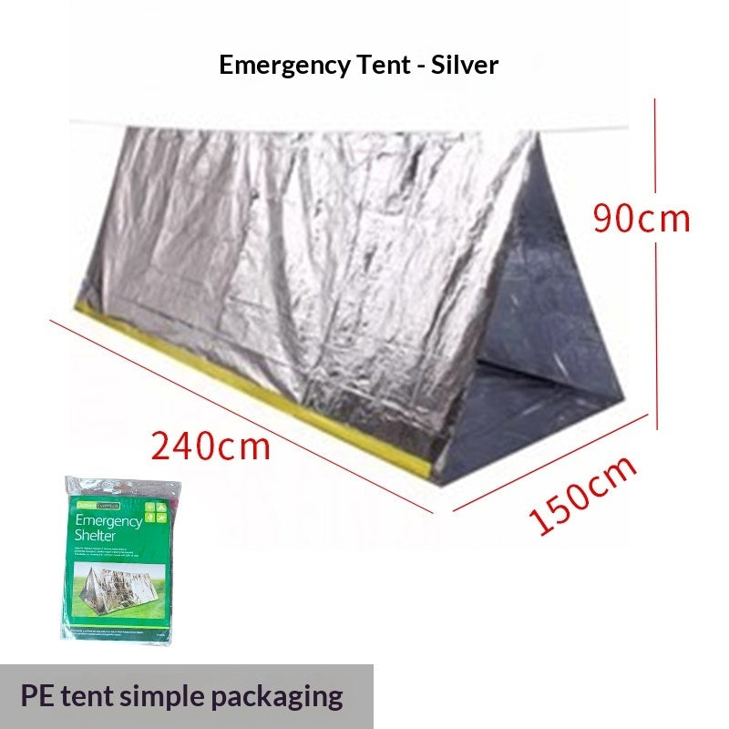 Silver emergency tent shown with red dimension lines indicating 240cm by 150cm by 90cm measurements, plus its green retail packaging in the lower left on a white background.