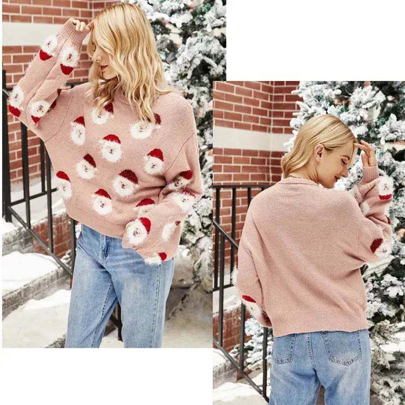 Christmas Sweater Women Cute Cartoon Santa Print Knit Sweater Winter Tops - EX-STOCK Canada