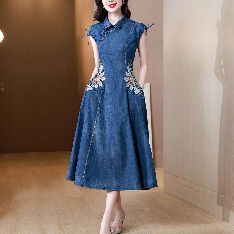 New Modified Version Denim Jeans Flared Midi Dress Female Machine Embroidery Retro - EX-STOCK Canada