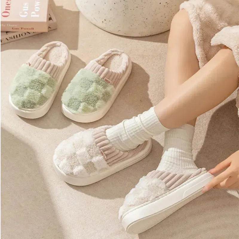 Plaid Plush Slippers Women's Indoor Plush Home Slippers Soft Sole Thick Non-Slip Warm House Shoes Couple Autumn And Winter - EX-STOCK Canada