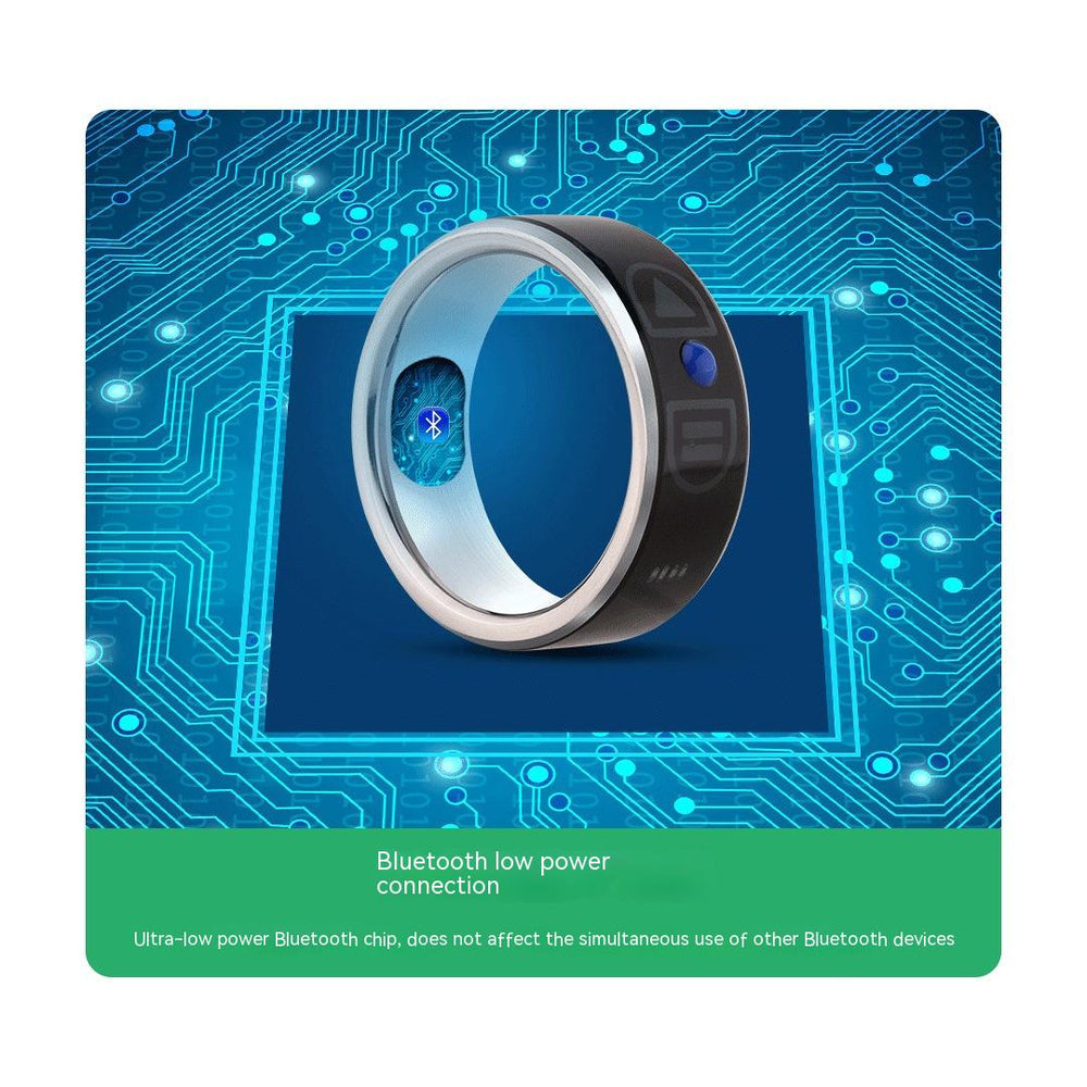 Smart ring with Bluetooth connection on a blue circuit board background