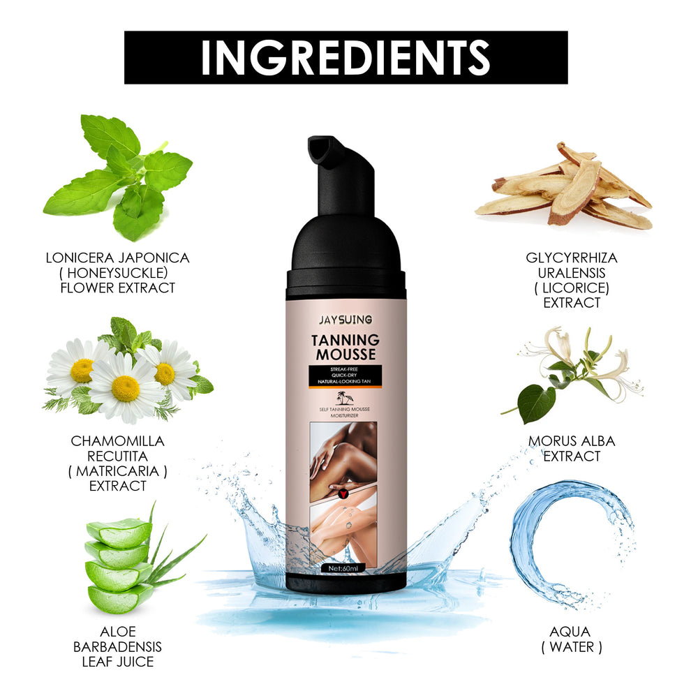 Jaysun tanning mousse with listed ingredients on a white background