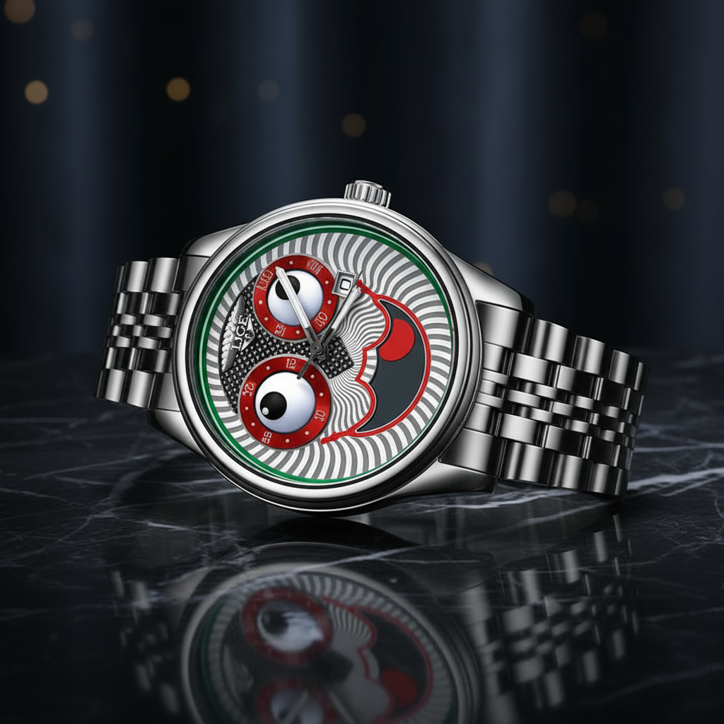 A silver stainless steel wristwatch with a unique skeleton dial featuring a stylized skull, red circular subdials, and a green inner ring, resting on a dark reflective surface.