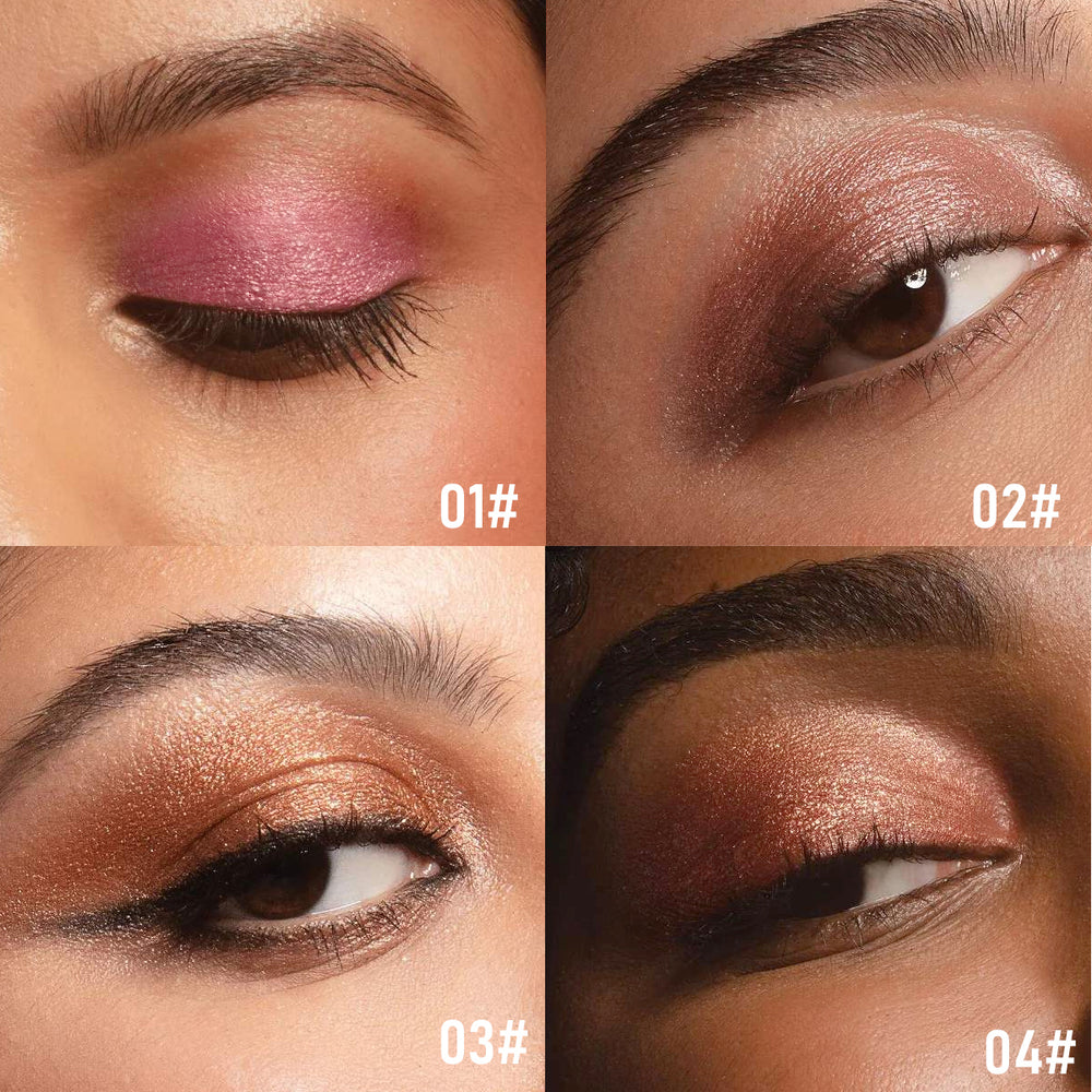 Four close-up views of eyes with different eyeshadow colors labeled 01#, 02#, 03#, and 04#.