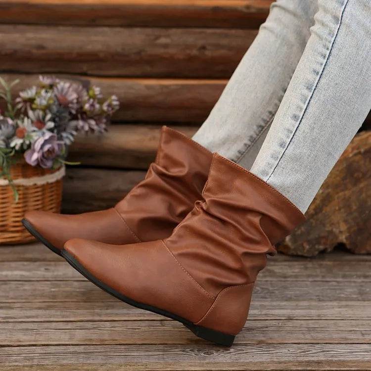 Fashion Round-toed Flat Boots Versatile Simple Slip-on Western Cowboy Boot Casual Short Shoes For Women - EX-STOCK Canada