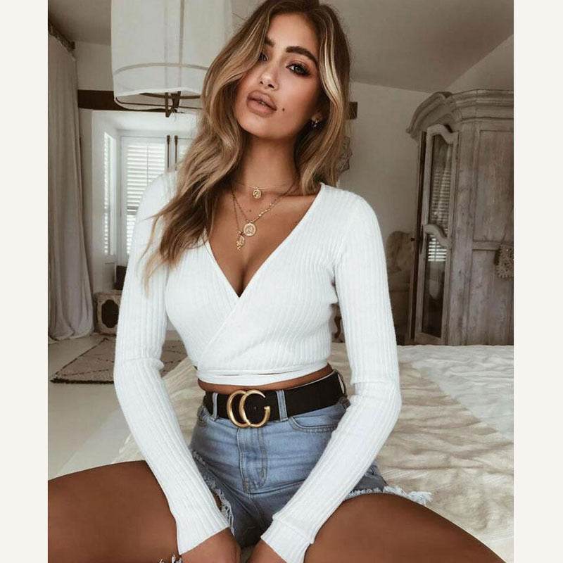 Sexy Women Ladies Summer Slim Crop Tops Long Sleeve T Shirt Casual Solid V Neck Knitted Short Tops - EX-STOCK Canada