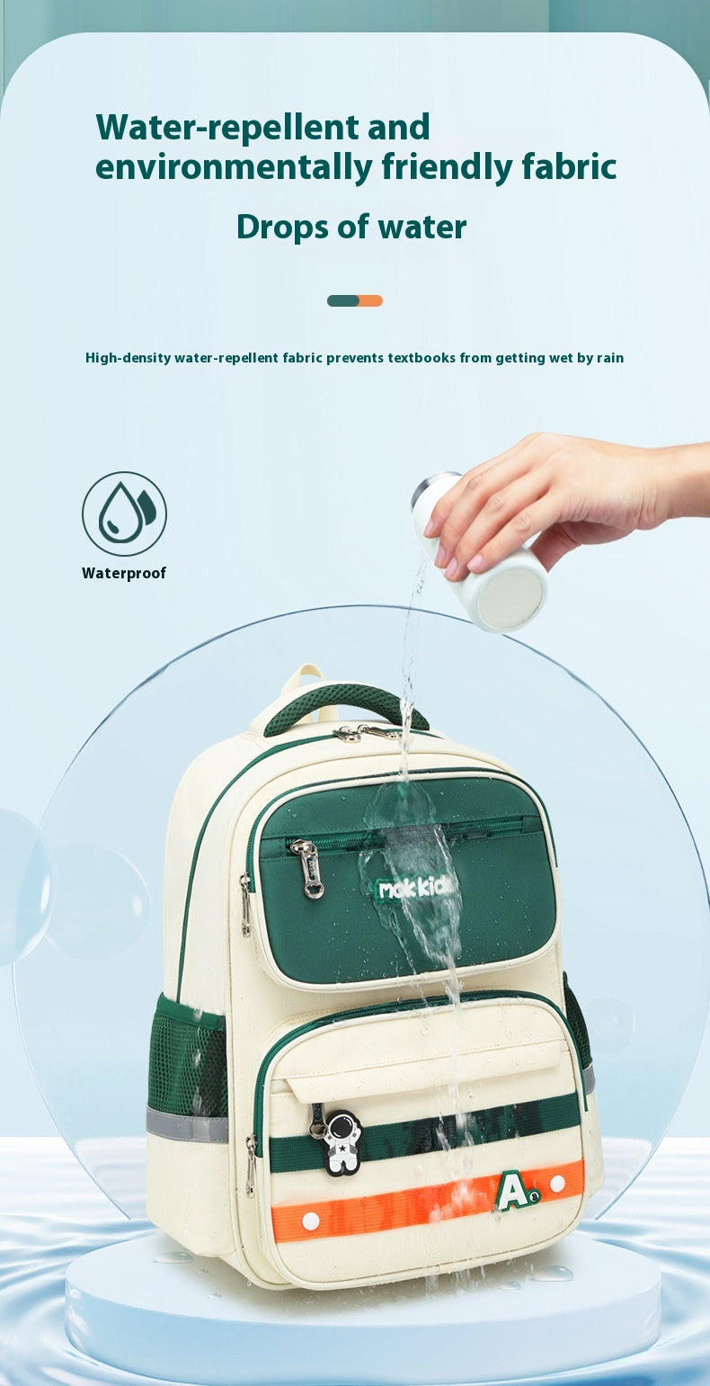 Backpack with water droplet being splashed on it, emphasizing water-repellent fabric.