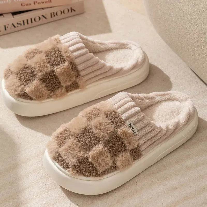 Plaid Plush Slippers Women's Indoor Plush Home Slippers Soft Sole Thick Non-Slip Warm House Shoes Couple Autumn And Winter - EX-STOCK Canada