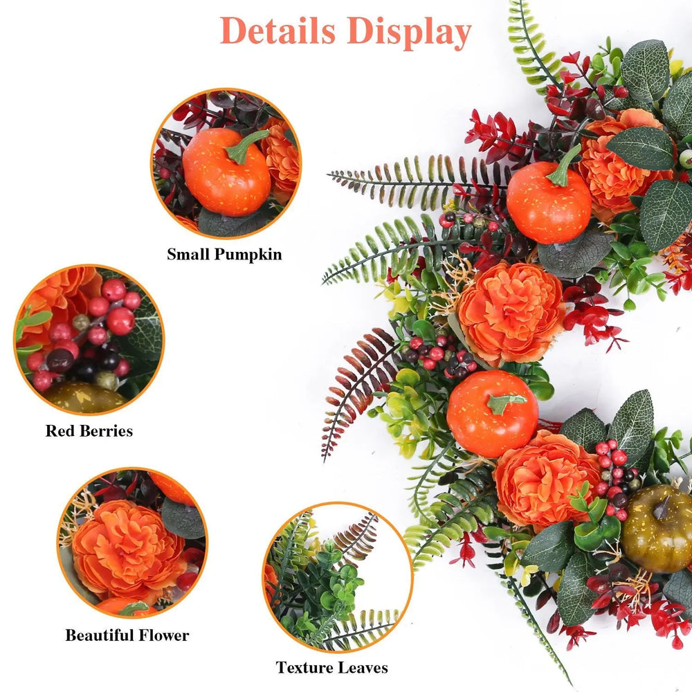 1Pc 17.71IN Autumn Wreath With Pumpkin Mixed Leaves Berries Flowers Fall Decoration For Indoor Outdoor Window Wall Front Door In Halloween Thanks Giving Day - EX-STOCK Canada
