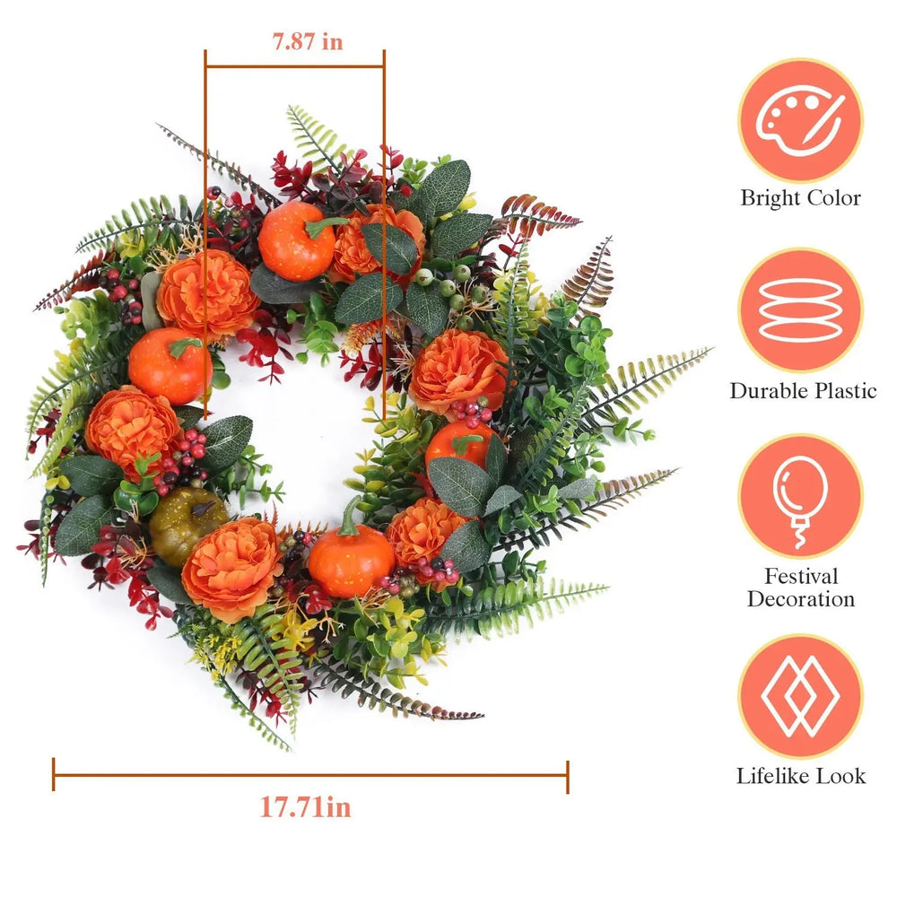 1Pc 17.71IN Autumn Wreath With Pumpkin Mixed Leaves Berries Flowers Fall Decoration For Indoor Outdoor Window Wall Front Door In Halloween Thanks Giving Day - EX-STOCK Canada
