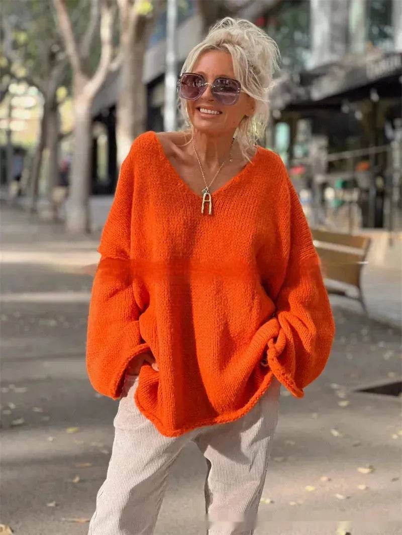 Women's Fashion V-neck Long-sleeve Knitwear 2-color Sweater dress - EX-STOCK Canada