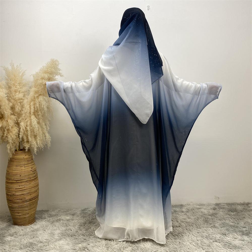 Middle East Muslim Chiffon Cardigan Gradient Batwing Sleeve With Headscarf Suit - EX-STOCK Canada